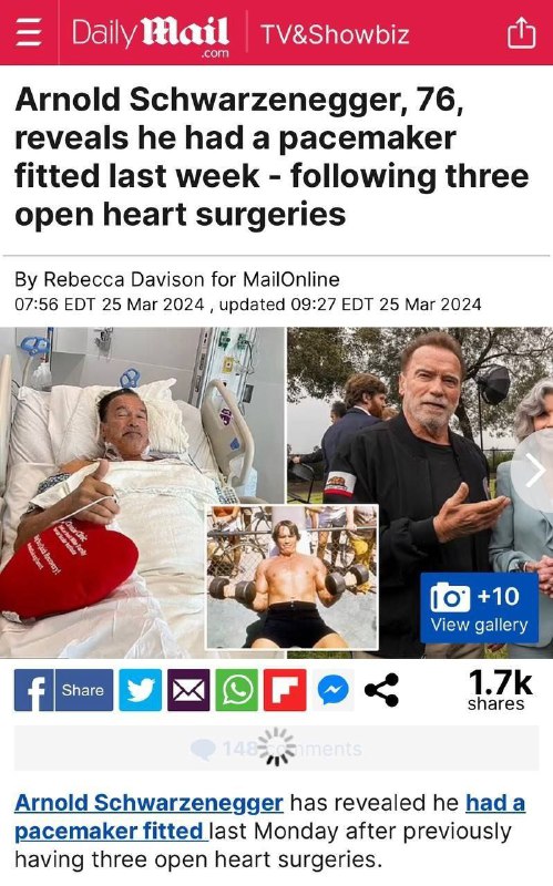 Arnold Schwazenegger, 76, odhaluje, že mu minulý týden po třech operacích otevřeného srdce im...