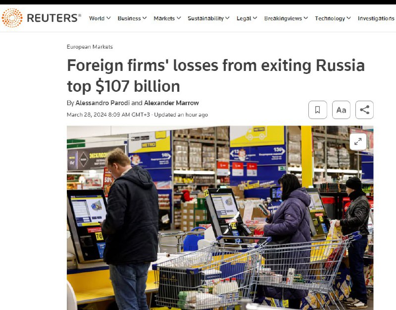 Západní společnosti stál odchod z Ruska 107 miliard dolarůExodus korporací z Ruska po zahájen...